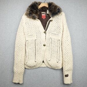 Miss Sixty Jacket Women's Small Beige Wool Blend Furry Collar Cable Knit Y2K Zip